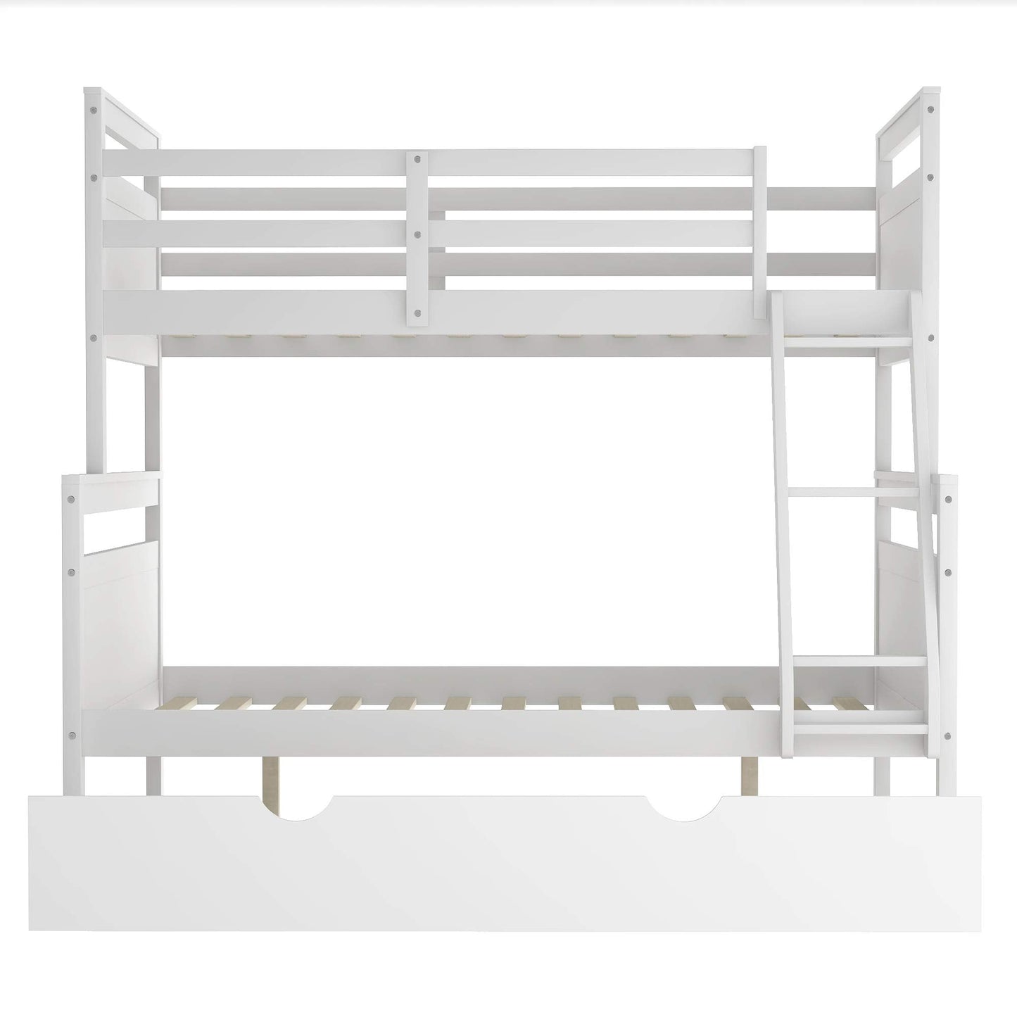Merax Twin Over Full Wood Bunk Bed Withe Trundle and Safety Guardrail for Teens, Guests，No Box Spring Needed, White