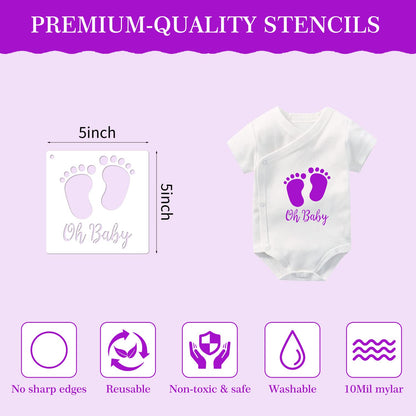 30 Pieces Baby Shower Stencils, 5 Inch Cute Onesie Stencil Reusable Mixed Phrase for Painting, Small Animals Template for Bodysuit Shirts Shoes Bibs Clothes