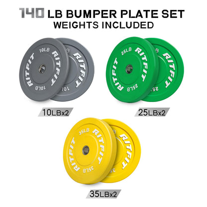 RitFit Color Coded Bumper Plate, Olympic Bumper Plate for Barbell, 2-Inch Bumper Weight Plates With Steel Insert, rubber weight plates for Strength Training in Home Gym, 140LB Set