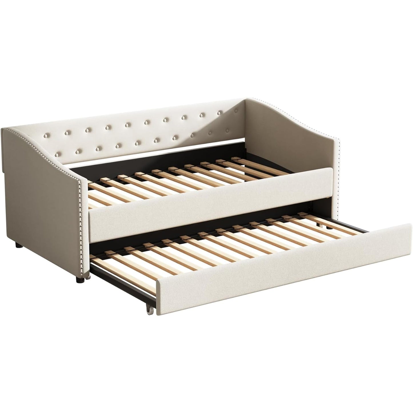 FAVSH Upholstered Daybed with Trundle, Twin Size Day Bed w/Button-Tufted Back and Piping on Waved-Shape Arms for Bedroom or Guest Room, No Box Spring Required,Beige
