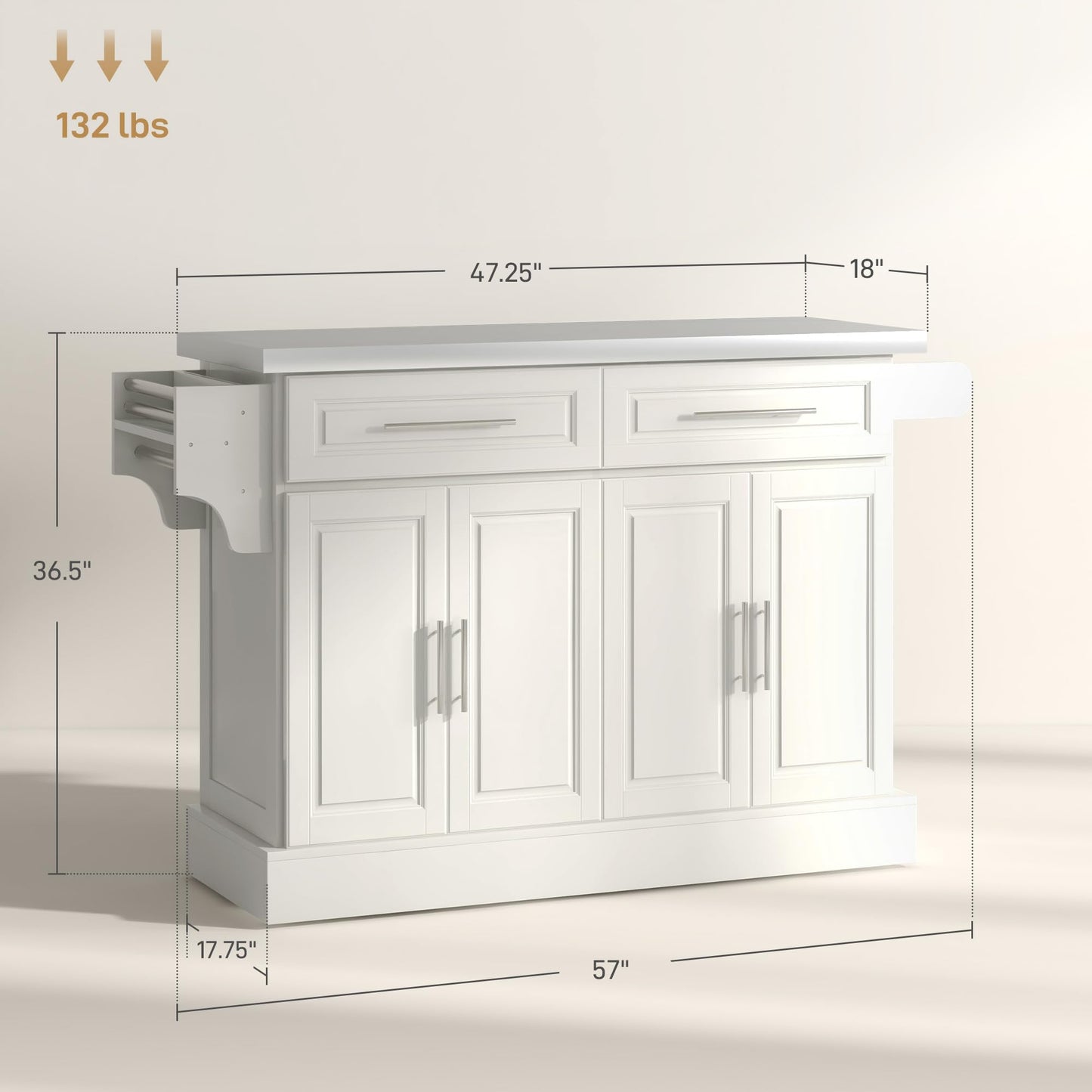 HOMCOM Rolling Kitchen Island Cart with 47" Stainless Steel Top, Portable Island Table for Kitchen with Wheels, Adjustable Shelves, 2 Drawers, Spice, Knife and Towel Rack, Cream White