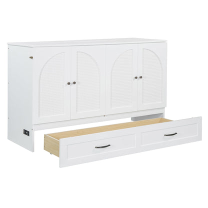Ball & Cast Murphy Bed Queen Size Bedroom Folding Wall Cabinets Frame with Large Drawer and USB Ports,Hideaway Bed w/Tri-Fold Mattress Design,for Guest Room,Study,Office,White
