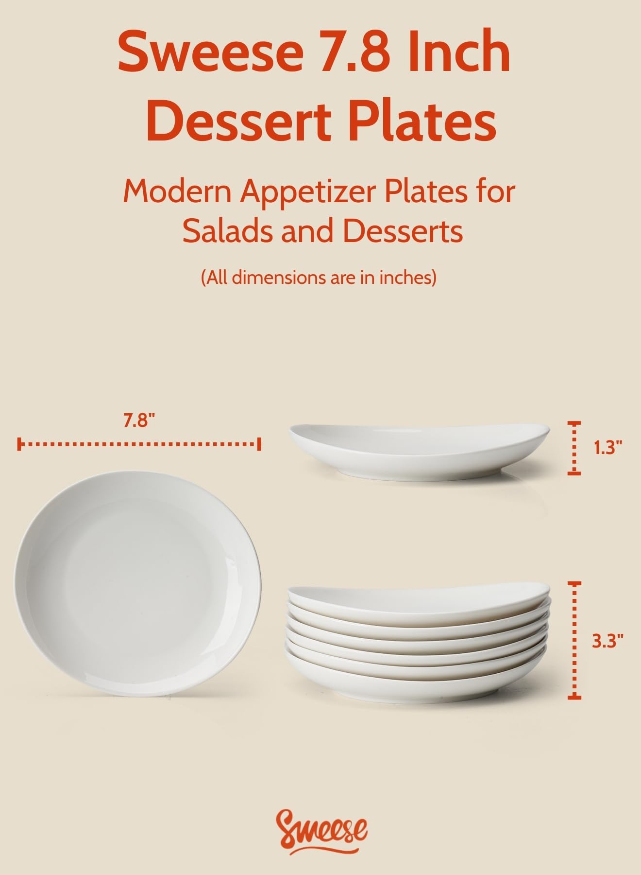 Sweese Porcelain 7.8 Inch Dessert Plates Set of 6 - White Salad Plates, Appetizer Plates, Small Plates - Dishwasher, Microwave, Oven Safe, Smooth Glaze, Scratch Resistant