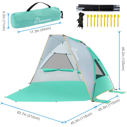 WolfWise 2-3 Person Portable Beach Tent UPF 50+ Sun Shade Canopy Umbrella with Extendable Floor, Mint Green