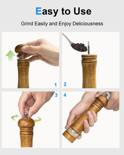 TooWoom Pepper Grinder Salt Grinder Wooden Pepper Mill Grinder w/Adjustable Coarse, 8 inch Tall Wood Refillable Manual Pepper Grinder Mill Peppermill for Black Peppercorn, Easy Clean w/Cleaning Brush