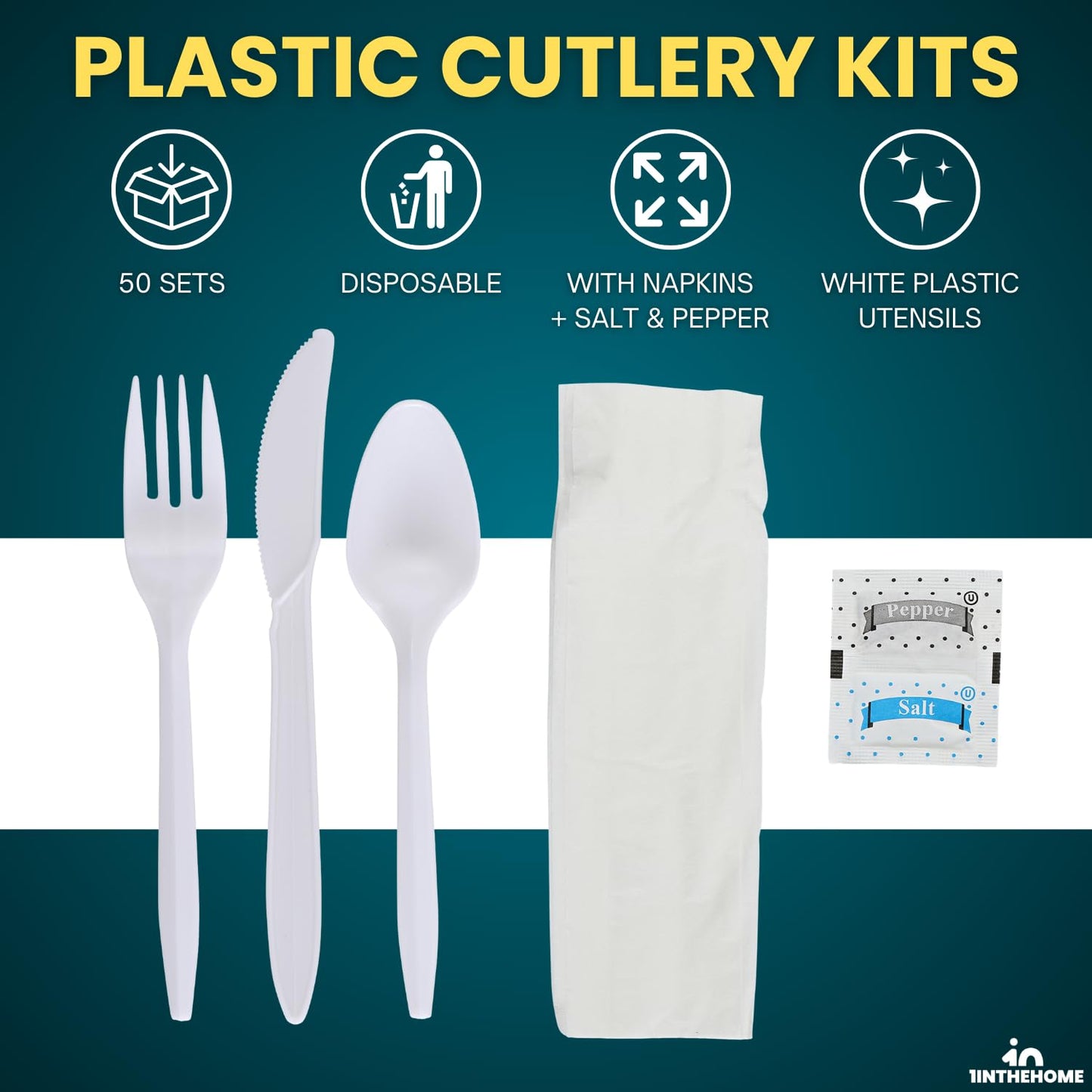 1InTheHome Cutlery Set Disposable, Plastic Wrapped Cutlery Kit (Knife/Fork/Teaspoon/Napkin/Salt and Pepper), Heavy Duty, 50 Pack