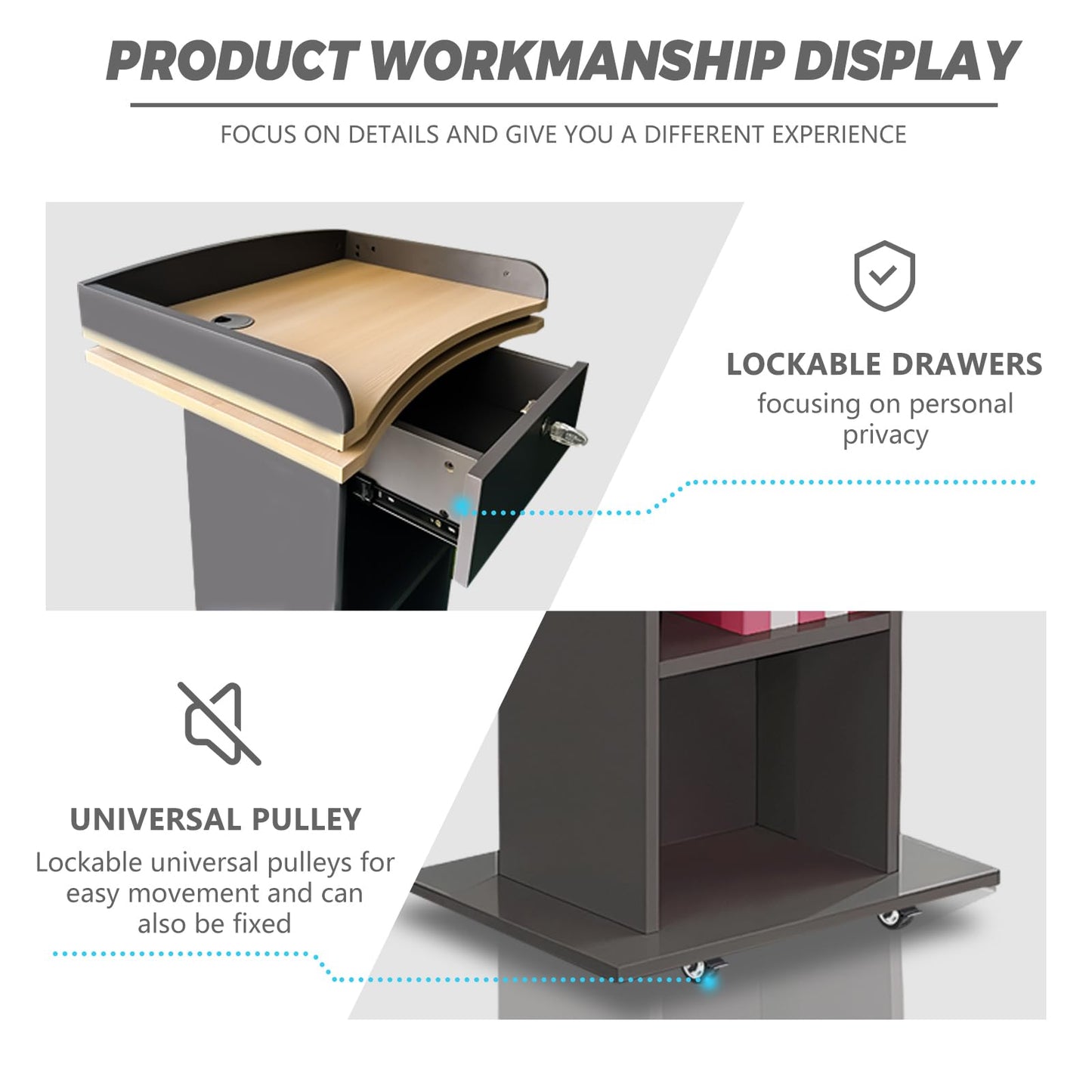 Wooden Podium Stand with Wheels, Pulpitos para Iglesias, Double-Layer Storage Pulpit, Lockable Drawer, Comes with Dust Cloth Durable and Mobile Lectern, Suitable for Churches, Classrooms,Conference.