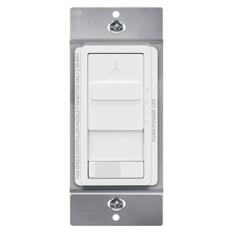 TOPGREENER Kalide Light Switch and 3-Speed Ceiling Fan Control Combo, in Wall Light and Fan Combination Switch, Single Pole, 2.5A, 720W, Neutral Wire Not Required, TGSFS3-W, White