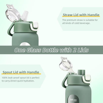 chunmo 32 oz Glass Water Bottles with 2 Lids-Handle Spout Lid & Straw Lid, 1 Liter Motivational Borosilicate Water Bottle with Time Marker and Silicone Sleeve,Leakproof-Olive-1 Pack