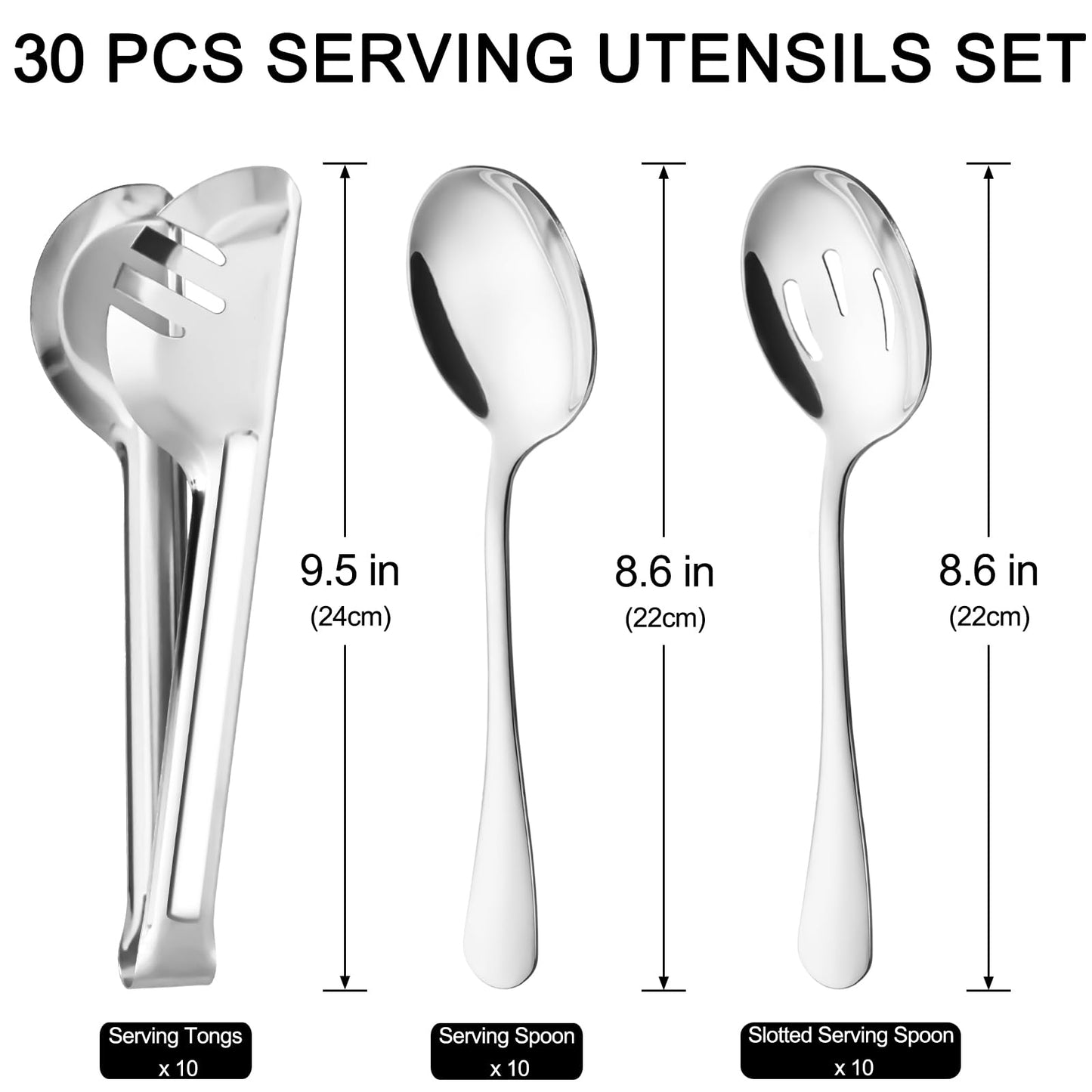 30 Pieces Stainless Steel Large Serving Utensils Set with Serving Spoons, Slotted Serving Spoons, and Serving Tongs Metal Serving Utensils for Parties Buffet Banquet