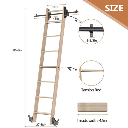 LKCBITION 87inch Heavy Duty Oak Wood Ladder with 4ft Telescoping Top Rollers & Bottom Brake Wheels Sliding Hardware, Rolling Library Ladder for Loft, Attic, Bookshelf