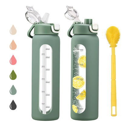 chunmo 32 oz Glass Water Bottles with 2 Lids-Handle Spout Lid & Straw Lid, 1 Liter Motivational Borosilicate Water Bottle with Time Marker and Silicone Sleeve,Leakproof-Olive-1 Pack