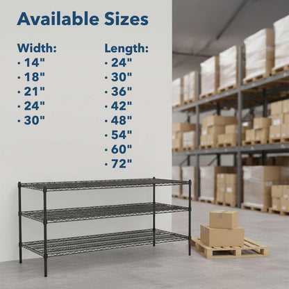 14" x 60" NSF Black Epoxy 3-Shelf Kit with 34" Posts - Commercial Storage Rack Unit - Heavy-Duty Adjustable Wire Shelving Unit for Restaurant, Retail, and Warehouse Storage - 1,800 lb Capacity
