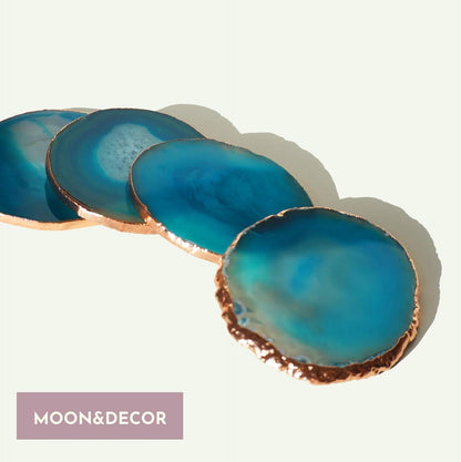 Moon&Decor Sliced Agate Coasters Set of 4, 100% Natural Geode Coasters for Drinks Home Decoration with Golden Rims