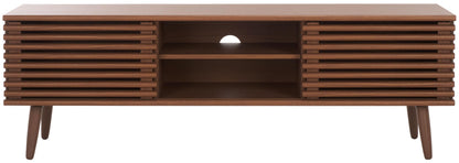 SAFAVIEH Averi TV Stand for up to 65" Flatscreen – Dark Walnut, 2 Sliding Doors with Interior Storage, 2 Open Shelves, Entertainment Media Console (MED9637A)