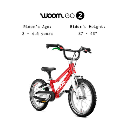 woom GO 2 Bicycle for Children 3 to 4.5 Years Old, 14-Inch Lightweight Bike with Handbrake, Steering Limiter & Chainguard for Boys & Girls - Red