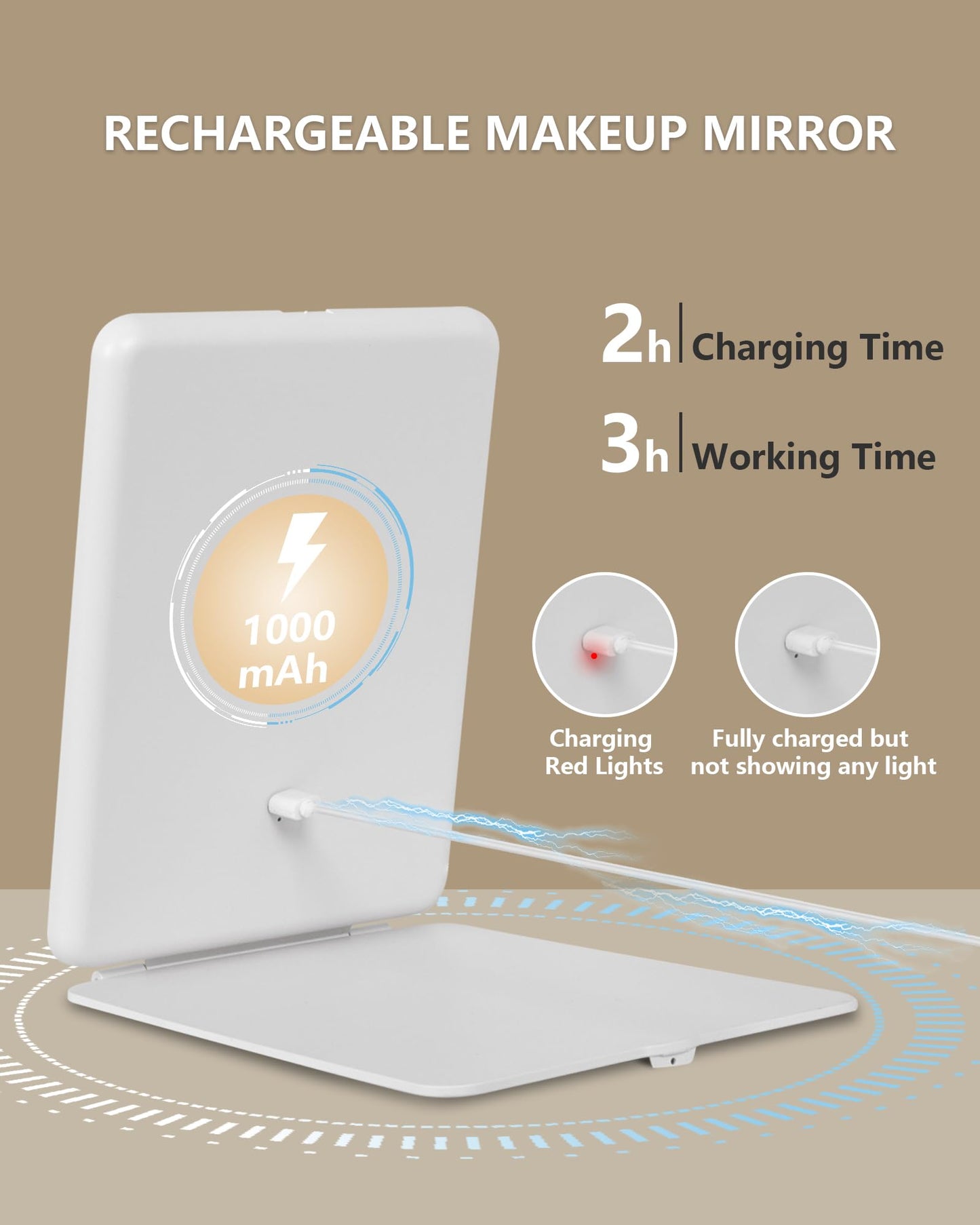 Travel Mirror with Lights Makeup Mirror Touch Screen 3 Colors Light 72 LEDs Rechargeable, 1000mHA 7.9x5.3-Inch Desk Compact Mirror White