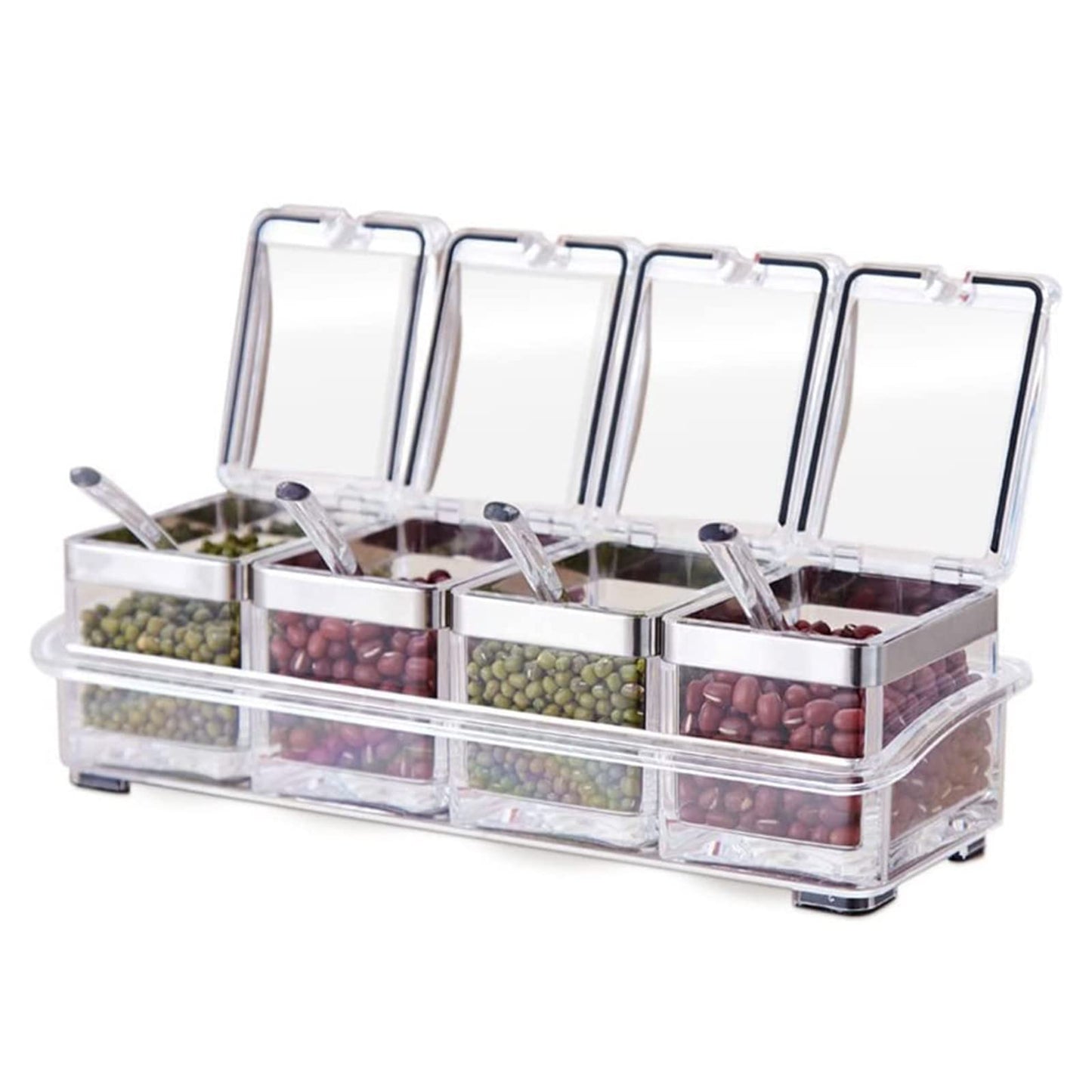 TENTA KITCHEN Gourmet Acrylic Seasoning Box - Premium Quality Pure Acrylic Container and Case- 18/8 Stainless Steel Ring - 4 Serving Spoons -Luxurious Condiment Cruet Bottle, Spice Jar Set