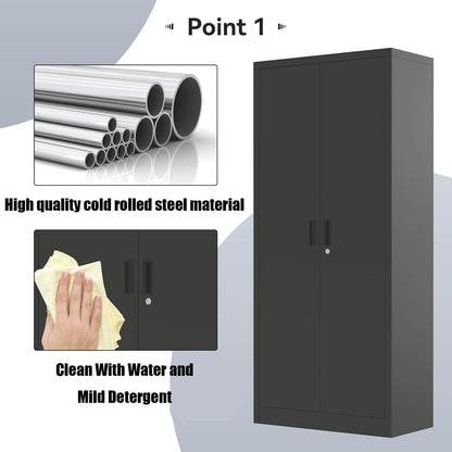 71" Metal Storage Cabinet with Doors, Lock and 4 Adjustable Shelves, Tall Pantry Cabinet for Garage, Office, Bedroom, Shop, Craft Room, Steel Storage Organizer with Adjustable Feet,Black