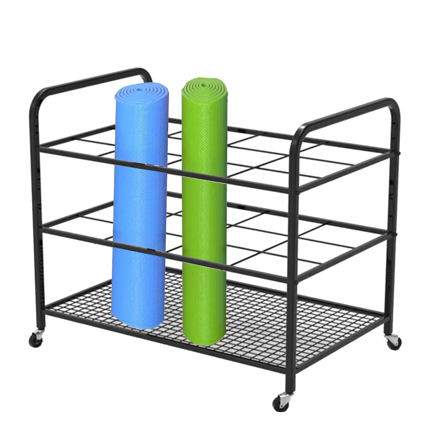 12 Mats Large Commercial Storage Cart, Rolling Metal Organizer Holder for Foam Roller/Yoga Strap/Dumbbells Display, Home Studio Gym Office Equipment Rack,Black