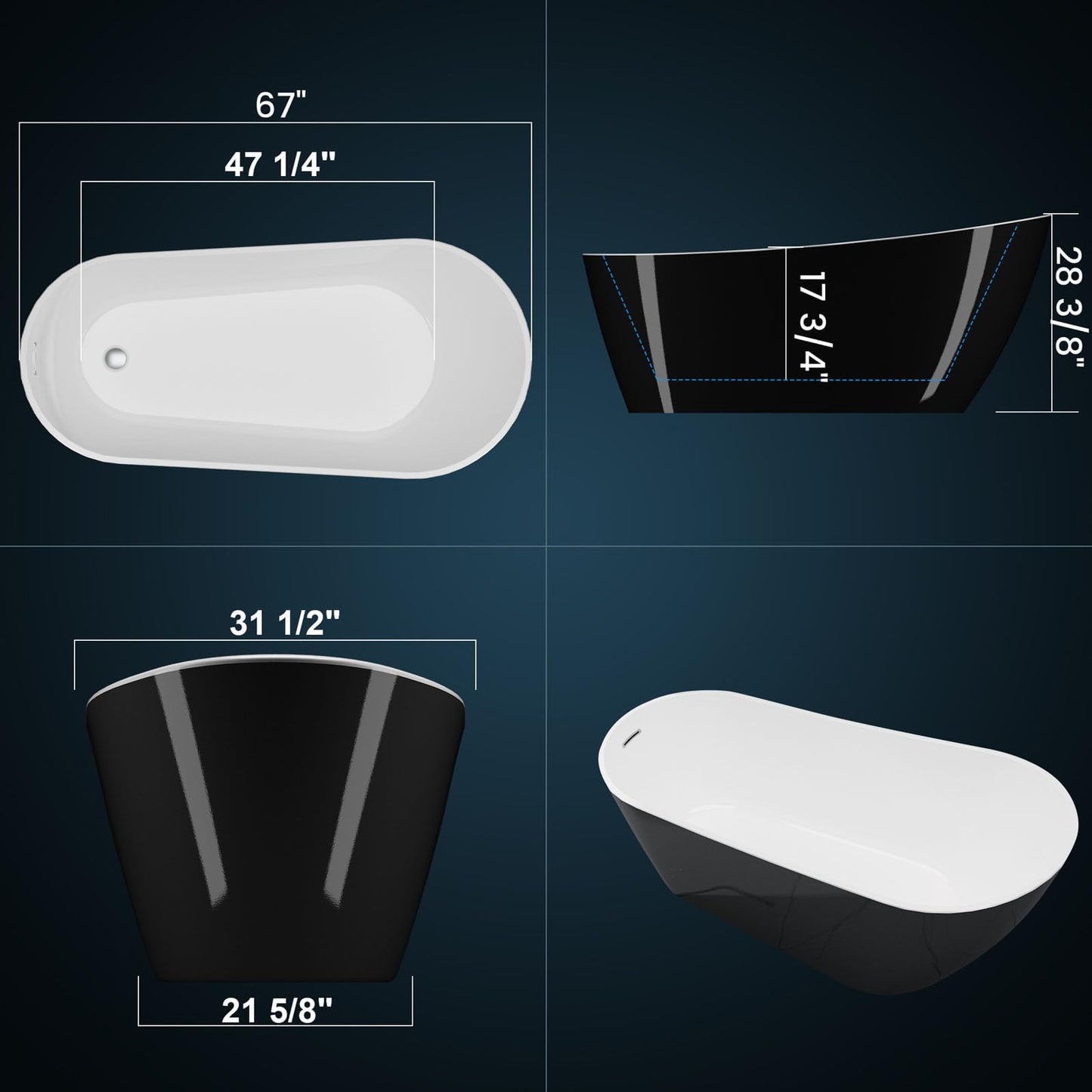 67" Acrylic Freestanding Bathtub, Black Exterior White Interior, Acrylic Stand Alone Tub with Chrome Drain, Spa Bath