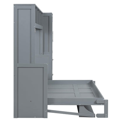Ball & Cast Full Size Murphy Bed with Closet and 2 Drawers,Hidden Wall Bed with Storage Shelves,Multifunctional Foldable Platform Bed Frame for Samll Space,Bedroom,Guest Room,Easy Assembly,Gray