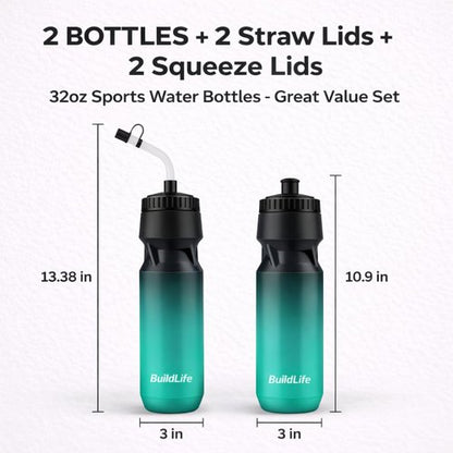 Hockey Water Bottle with Long Straw -32 OZ Squeeze Sports Lacrosse Water Bottles 2 Pack with 2 Lids Each(Straw and Squeeze),for Helmet Hockey,Boxing,BPA Free,Dishwash Safe(Black Blue+Black White)