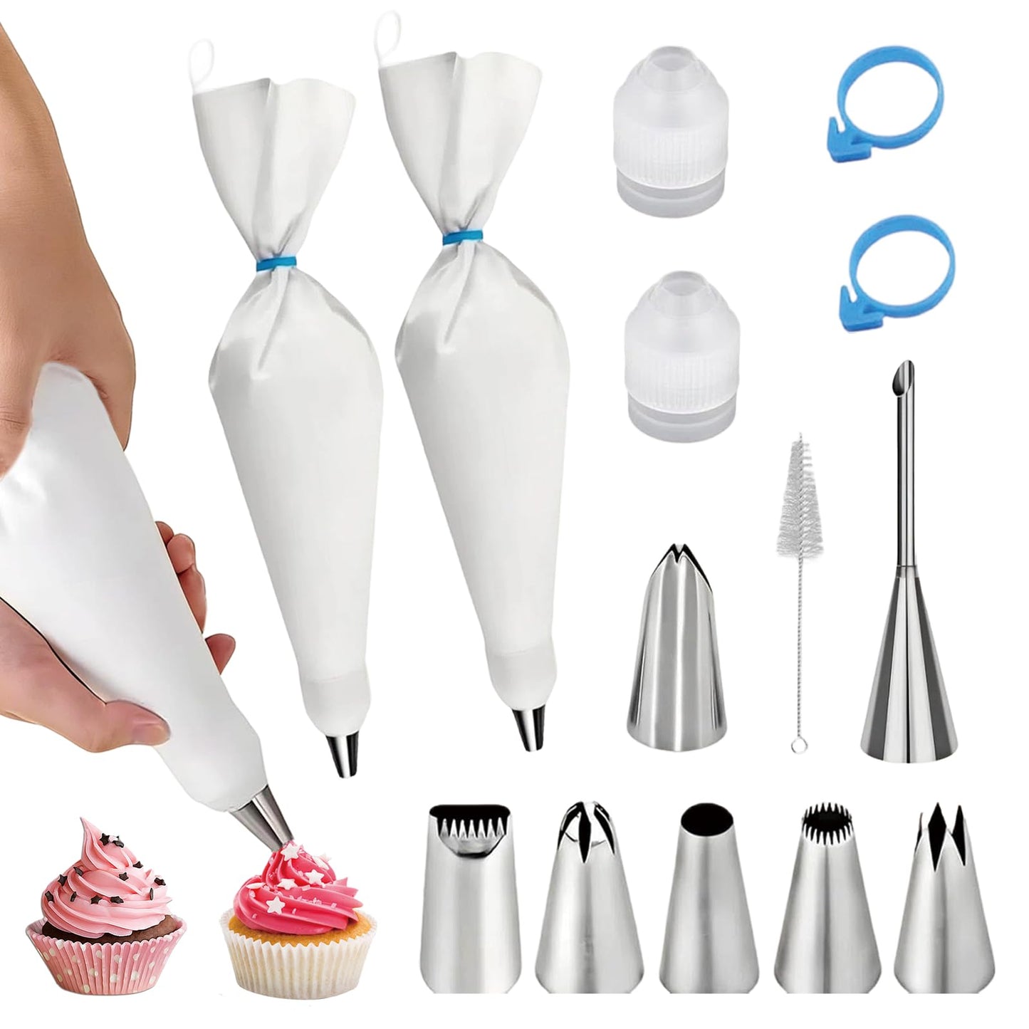 11 Piece Reusable Piping Bags and Tips Set - Cotton Baking Kit with Coupler Stainless Steel Nozzles Cleaner for Cupcakes Cookies Churros