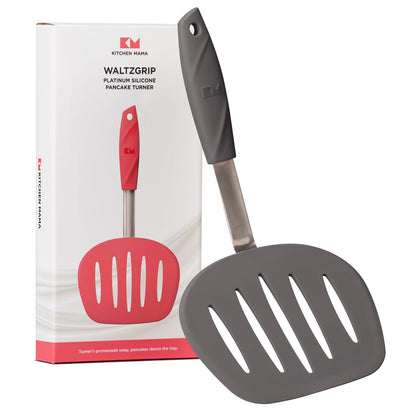 Kitchen Mama WaltzGrip Platinum Silicone Pancake Spatula Turner: Heat Resistant Flexible, Stainless Steel Core, Nonstick, Dishwasher Safe, Flipper – Ideal Kitchen Cookware Egg, Fish, Meat (Metal Gray)