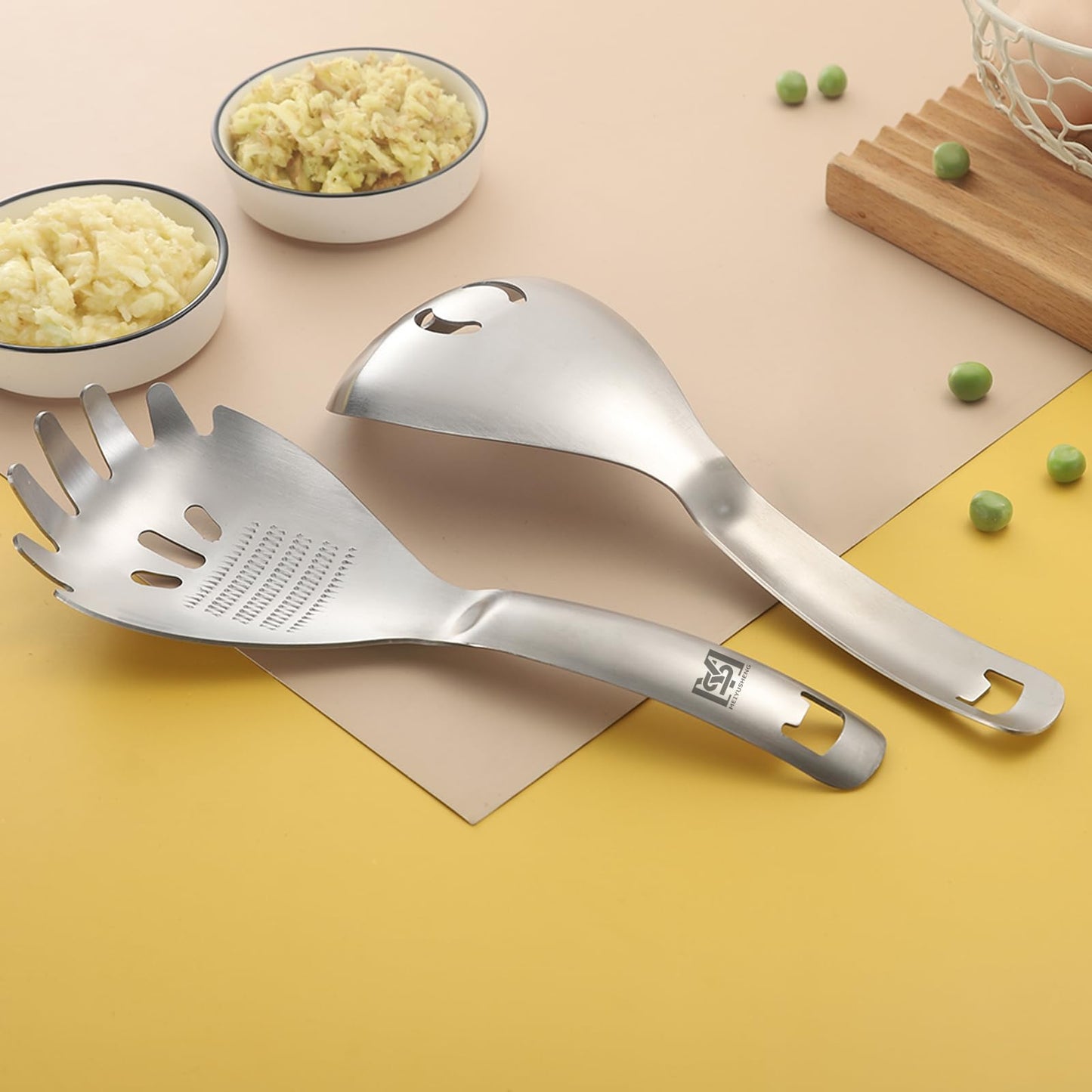 MEIYUSHENG 304 Stainless Steel Multi-Function Pasta Cooking Spoon: Comes with Potato Masher, Egg Yolk Separator, Grater Plate, Bottle Opener & Slotted Spoon