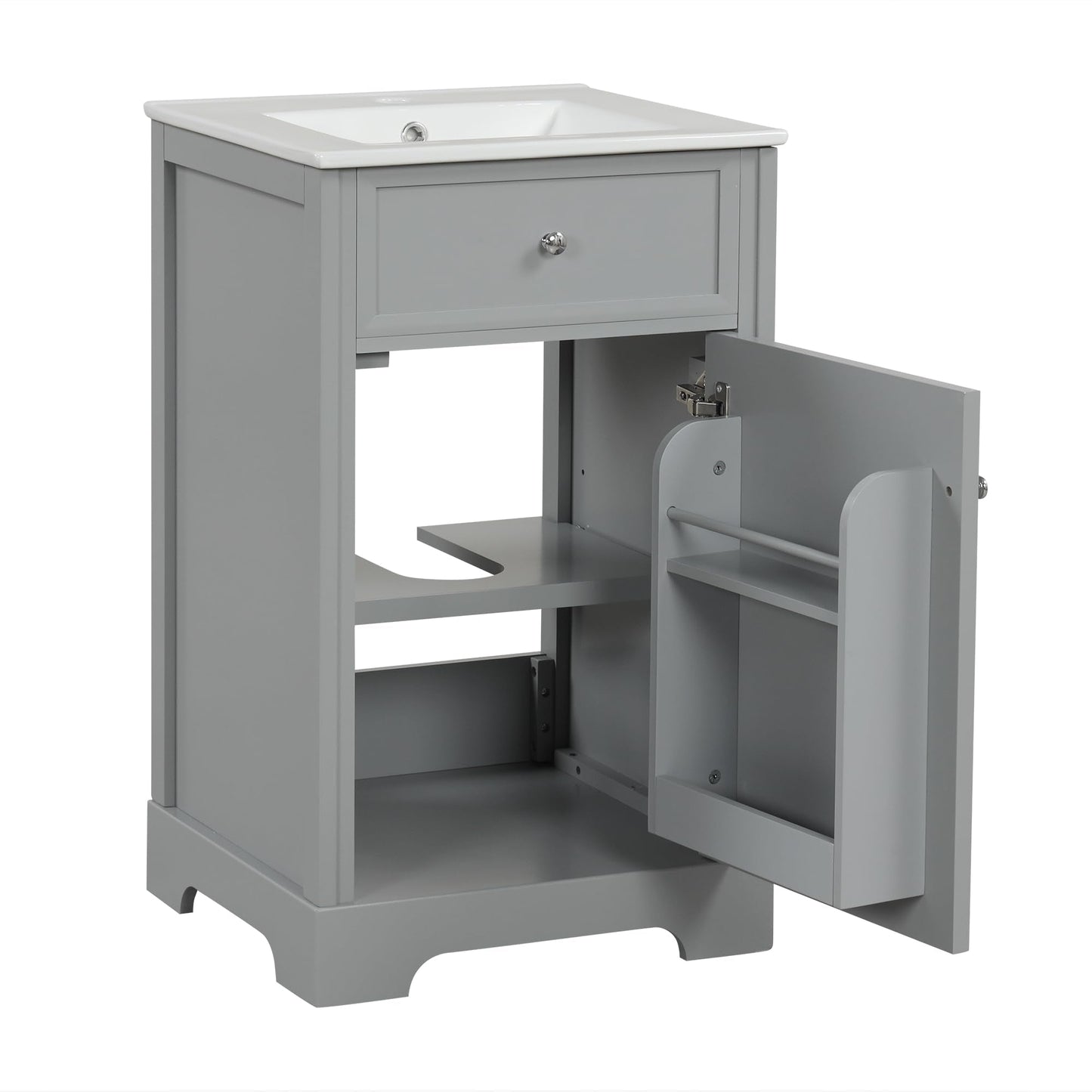 Favfurish 20" Bathroom Vanity with Ceramic Sink, Undermount Single Basin Bath Vanity Set w/Soft-Close Door and Storage Rack & Adjustable Shelf, Modern Freestanding Cabinet for Small Space, Grey