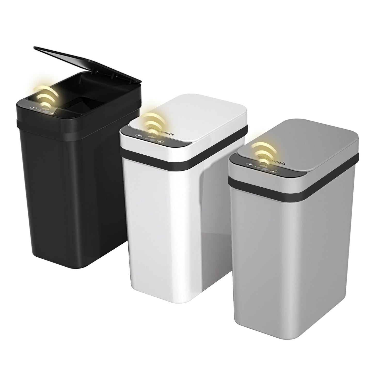 FRESHLIX 3 Pack Bathroom Trash Can 2.6 Gallon Small Touchless Automatic Motion Sensor Trash Cans Slim Waterproof Garbage Bin with Lid for Kitchen, Office, Bedroom Black White Grey