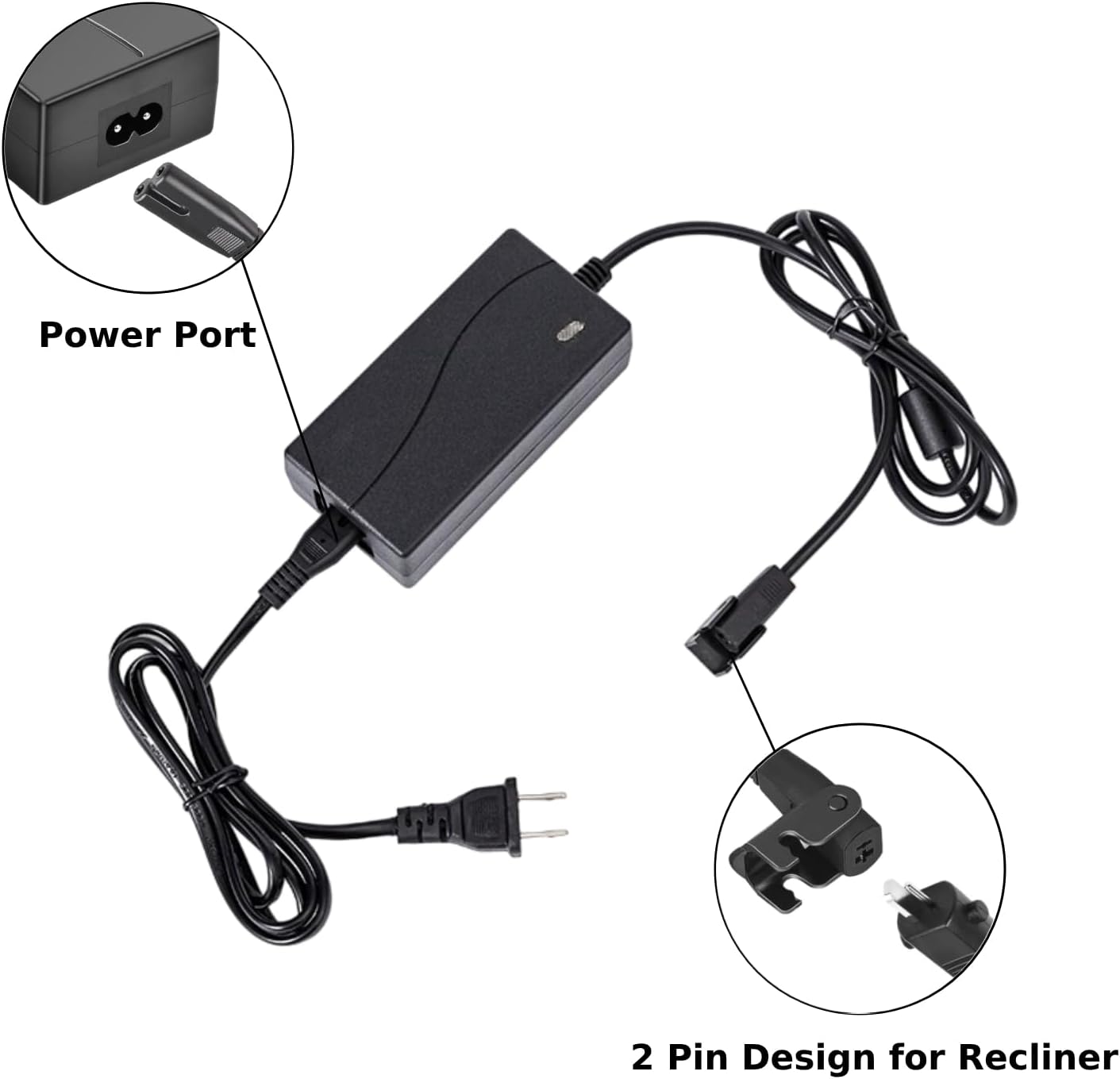 Universal Power Recliner Power Supply Adapter, 29V 2A 2 Pin AC/DC for Electric Recliner, Couch, Lift Chair