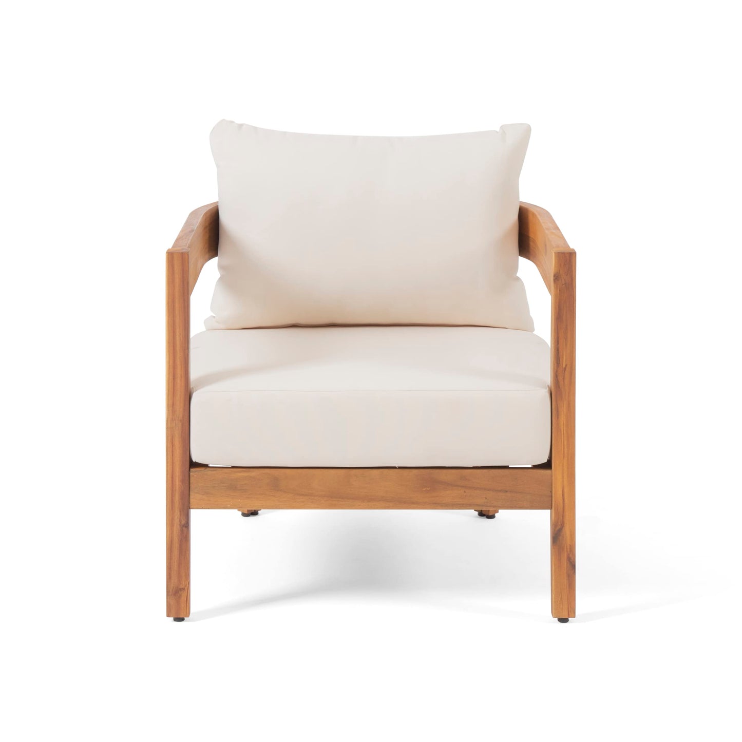Christopher Knight Home Nadine Outdoor Accent Chair, Acacia Wood Club Chair, Tub Shape Design Armchair, Comfort Cushions Seating, Slat Open Back Reading Sofa for Balcony Backyard Garden, Teak+Beige