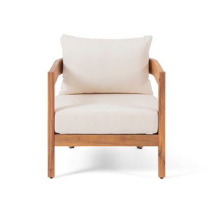 Christopher Knight Home Nadine Outdoor Accent Chair, Acacia Wood Club Chair, Tub Shape Design Armchair, Comfort Cushions Seating, Slat Open Back Reading Sofa for Balcony Backyard Garden, Teak+Beige