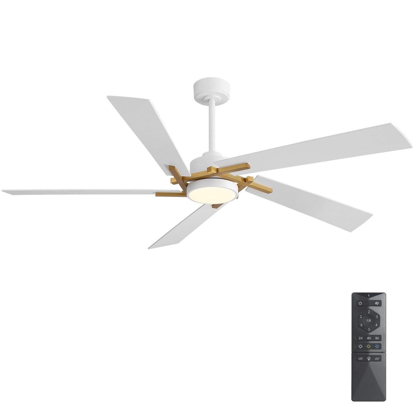 WINGBO 64 Inch Ceiling Fan with Light and Remote, 5 Plywood Blades, 6-Speed Reversible DC Motor, Dimmable, 3CCT, Modern Ceiling Fan for Bedroom Living Room Kitchen, Gold and White