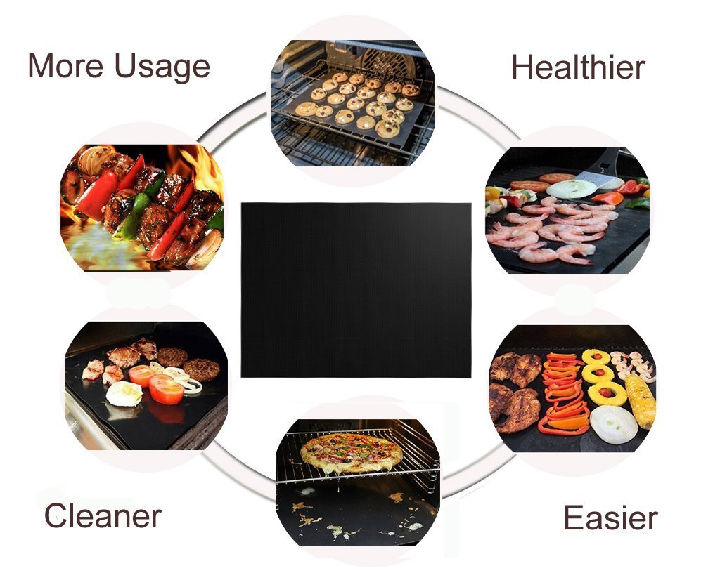 Renook Grill Mat Set of 6-100% Non-Stick Reusable Mats for Gas, Charcoal or Electric Grills - Easy to Clean - 15.75 x 13-Inch, Black