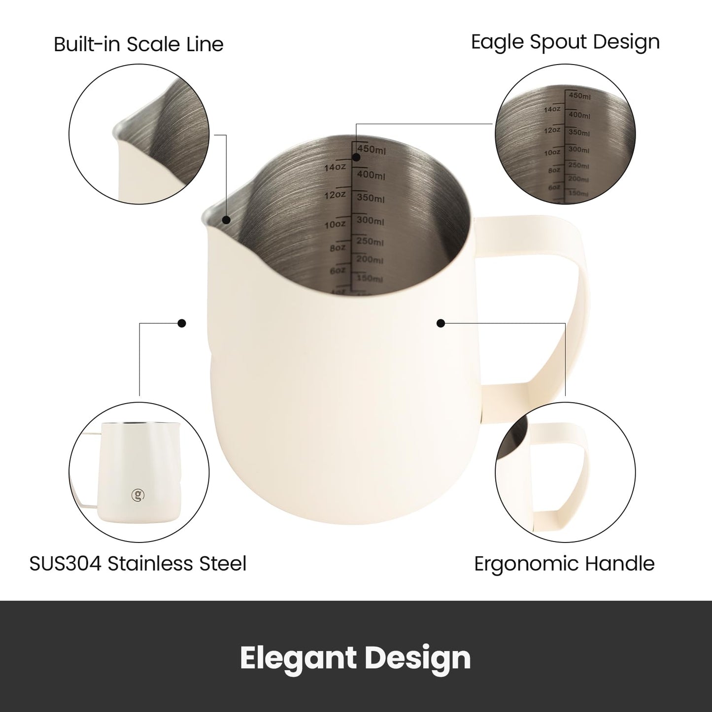Gemilai 450ml Milk Frothing Pitcher -15.2oz Professional Coffee Steaming Jug for Lattes, Cappuccinos & Espresso, Heat-Resistant Handle, Easy Pour Spout, Durable & Easy to Clean,White