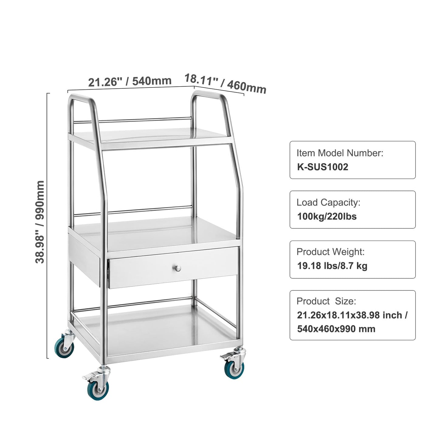 Happybuy Lab Serving Cart, 3-Tier Stainless Steel Utility Rolling Cart with Drawer, Medical & Dental Cart with Lockable Wheels, for Laboratory, Hospital, Clinic Use