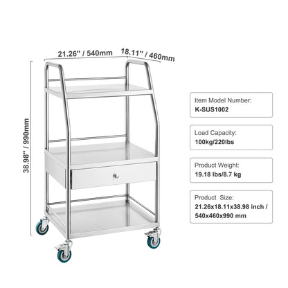 Happybuy Lab Serving Cart, 3-Tier Stainless Steel Utility Rolling Cart with Drawer, Medical & Dental Cart with Lockable Wheels, for Laboratory, Hospital, Clinic Use