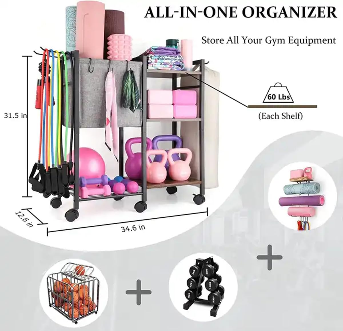 KOMFGT Yoga Mat Holder Storage Rack, Yoga Mat Storage Racks for Dumbbells Kettlebells Foam Roller, with Hooks and Wheels,Black (White)