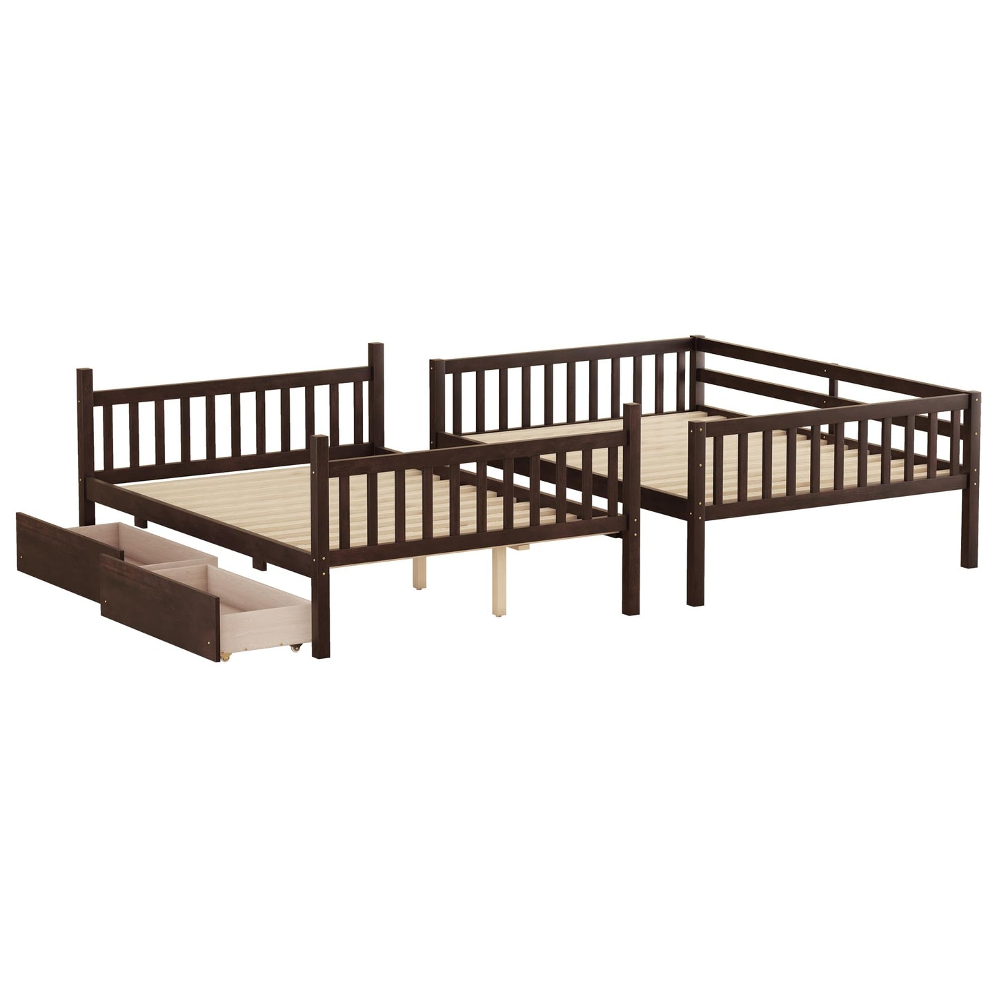PVWIIK Full Over Full Wood Bunk Bed with 2 Drawers & Ladder for Adult Teenagers Kids Bedroom Dorm Guest Room,Convertible into 2 Full Beds Frame/Under Bed Space/No Box Spring Required,Espresso