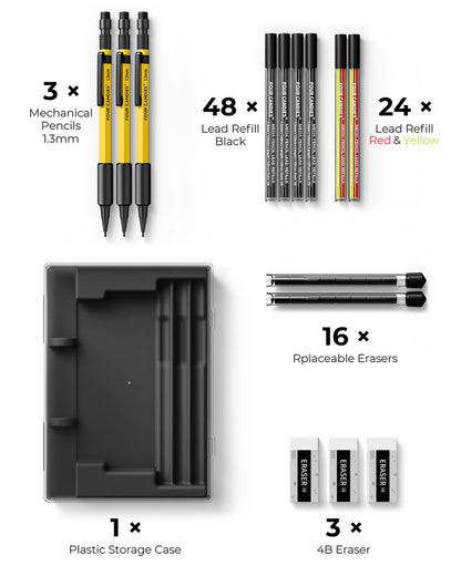 Four Candies 3PCS 1.3mm Mechanical Pencil Set with Case, Metal Heavy Duty Carpenter Pencils with 72 Refill(Red,Black,Yellow) 3Eraser, 16Eraser Refill, Weatherproof Body Outdoor Woodworking Marking