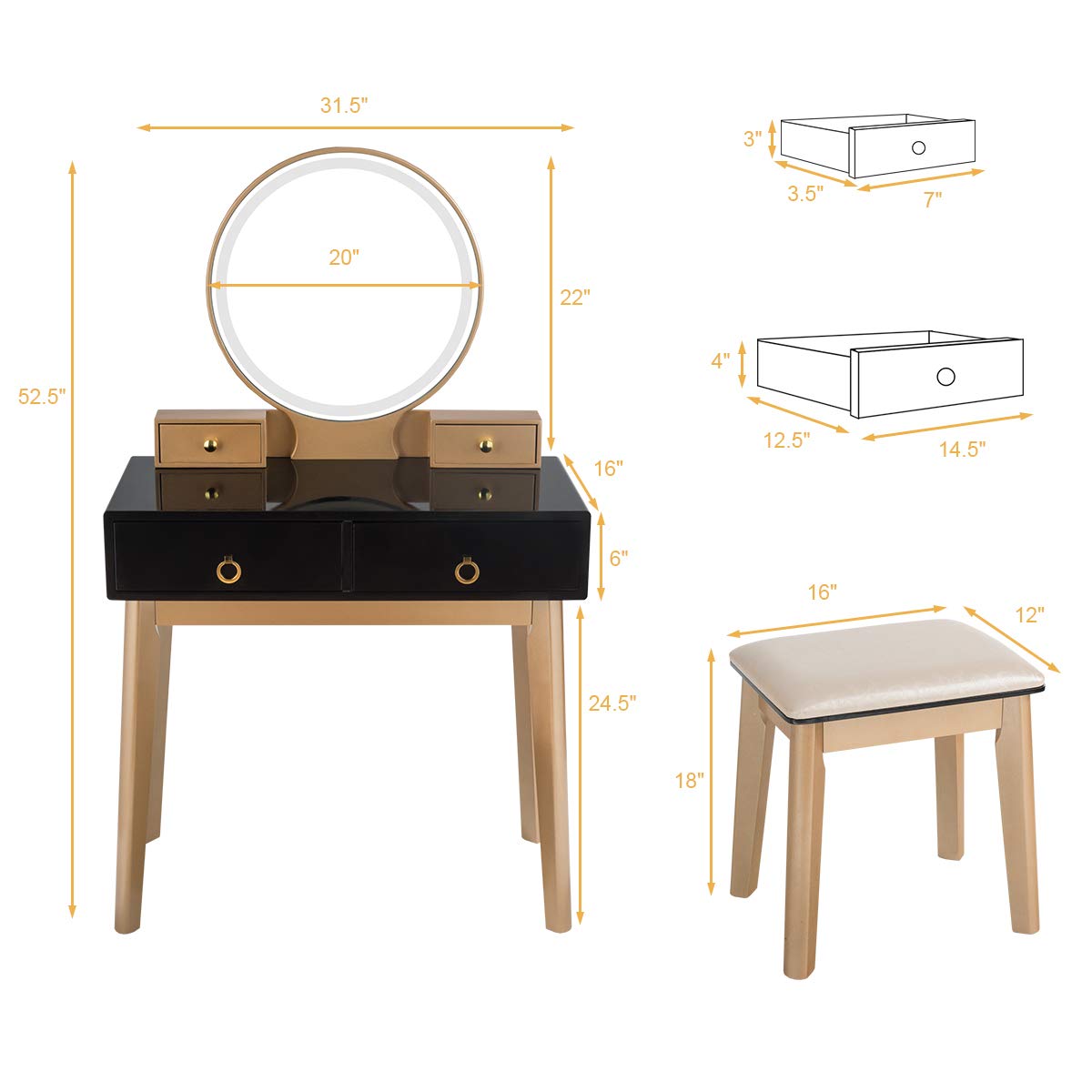 AUGESTER Vanity Set Touch LED Mirror, Dressing Table w/ Brightness Adjustable & 3 Hues Mirror, 4 Sliding Drawers, Well-Padded Stool, Modern Bedroom Makeup Vanity Set Women Girls, Black,white,navy