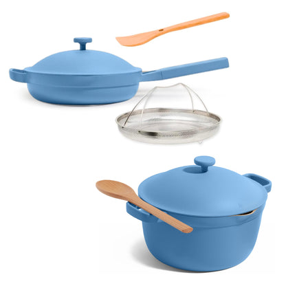 Our Place Cookware Duo | 7-Piece Ceramic Cookware Set with 10.5" Always Pan 2.0, 5.5 Qt Perfect Pot & Strainer Basket | Induction & Oven Safe up to 450°F | Nonstick, Non-Toxic | Forget-Me-Not Blue