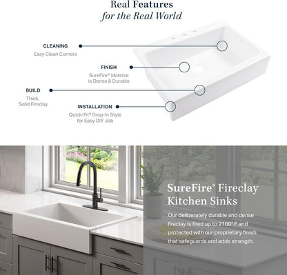 Sinkology Parker 34 Inch Quick-Fit Drop-In Fireclay Farmhouse Kitchen Sink - No Countertop Replacement, DIY 1-Hr, SureFire Chip and Stain Resistant, Sinkology Everyday Warranty, Single Bowl