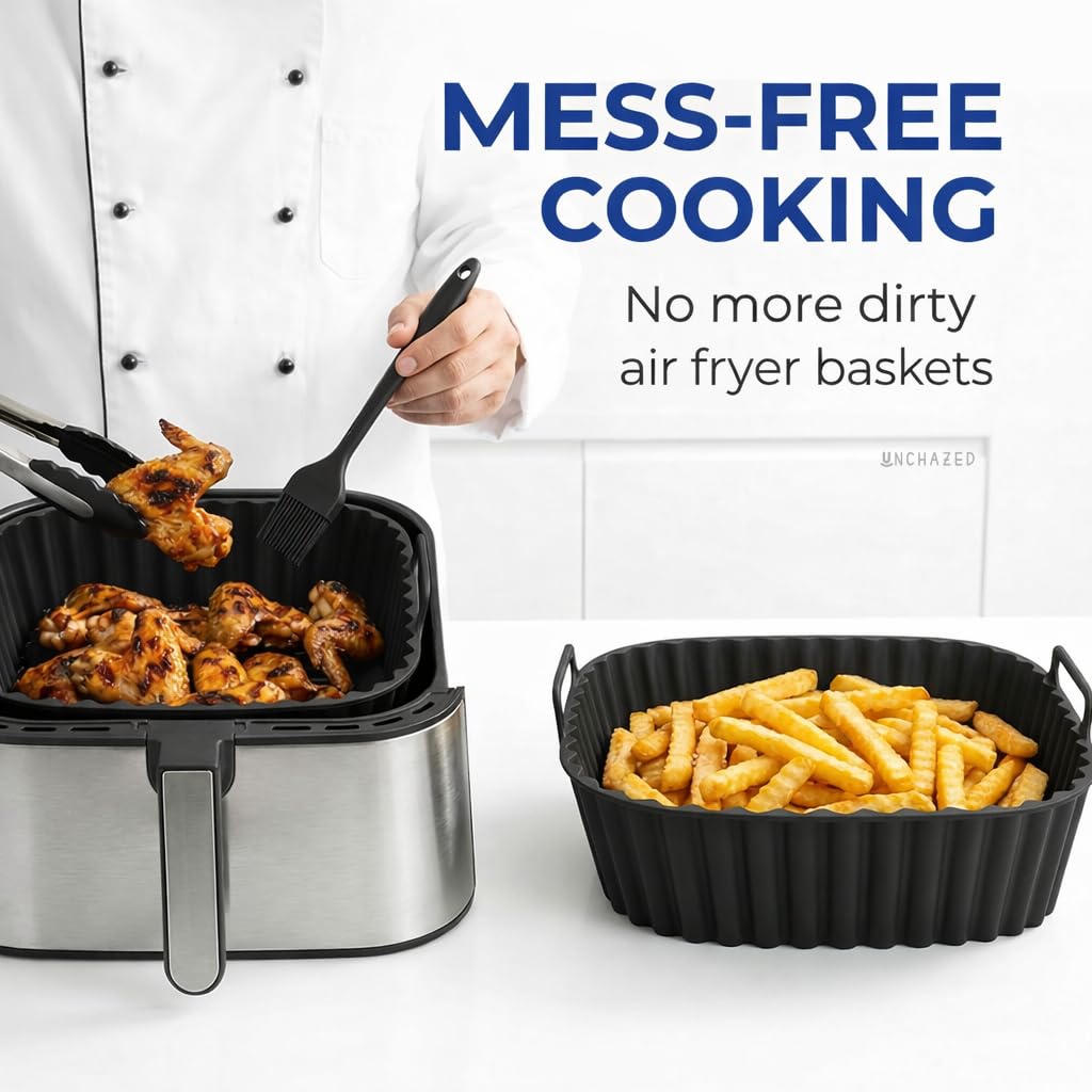 Air Fryer Silicone Liners 2 Pack for 4–7QT Square Basket – Reusable Nonstick Food-Grade Silicone Air Fryer Basket Liners – Dishwasher Safe, Includes Tongs & Basting Brush