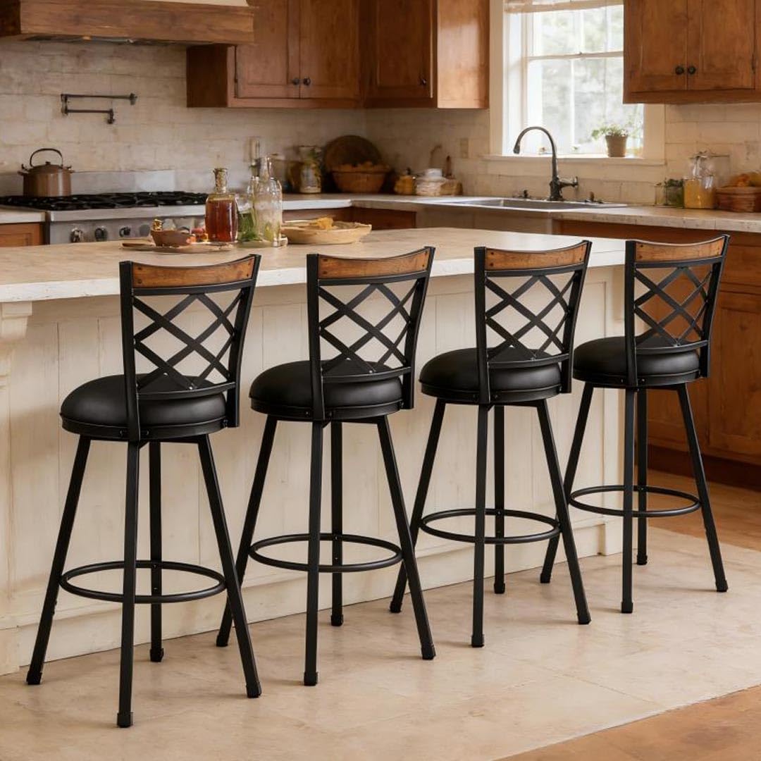 MIITODAY Set of 2 Swivel Bar Stools with Backs, 2-in-1 Adjustable 25"/30" Height, Farmhouse Kitchen Counter Chairs, Heavy Duty Industrial Metal & Black Faux Leather Seat