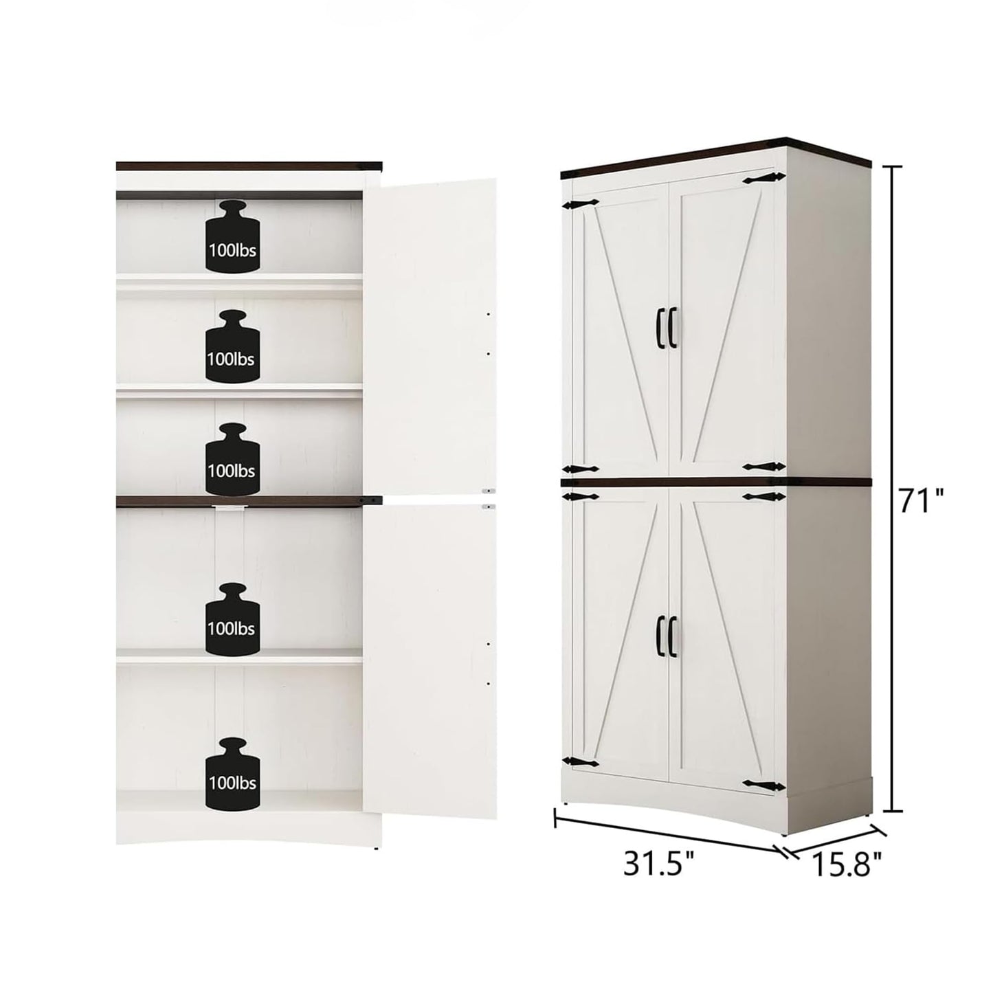 chartustriable 71in Farmhouse Kitchen Pantry Cabinet,Tall Storage Cabinet with 4 Doors and Adjustable shelves,with Load-Bearing Steel Pipe,Wood Storage Cabinets for Kitchen,Dining Room,Bathroom(White)