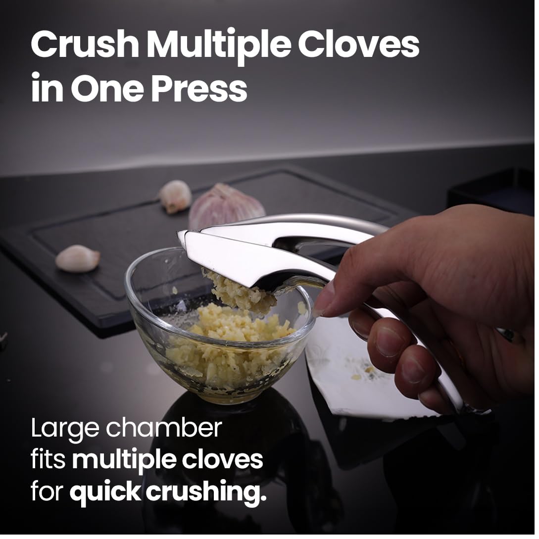 No Peeling Required Garlic Press Stainless Steel with Detachable Handle for Coarse Mincing - Premium Garlic Mincer Tool, Rust-Proof, Easy to Clean, Dishwasher Safe Garlic Crusher, Lifetime Replacement